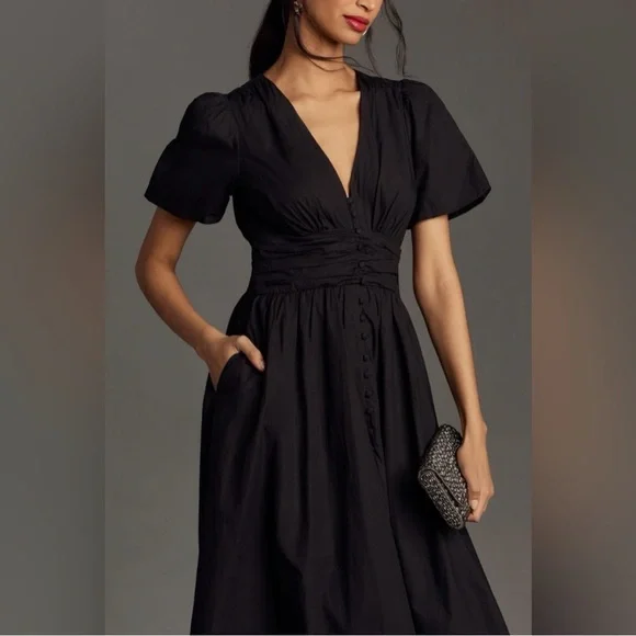 NWOT Anthropologie Katerina Button-Front Midi Dress Black - Picture 2 of 8